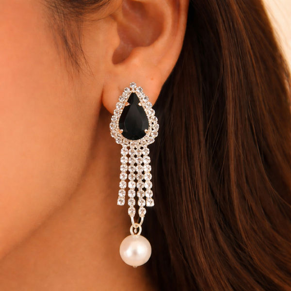 Anti-Tarnish Black Stone & Crystal Dangle Earrings with Pearl
