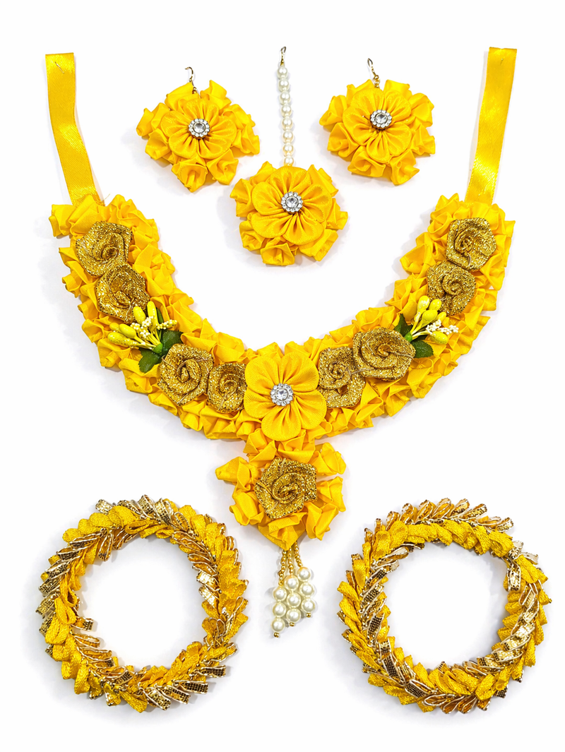 Haldi Special Flower Jewellery Set – Necklace, Earrings, Maang Tikka & Bangles Combo