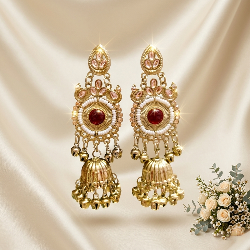 Luxury Kashmiri Design Jhumka Earrings with Red Stone