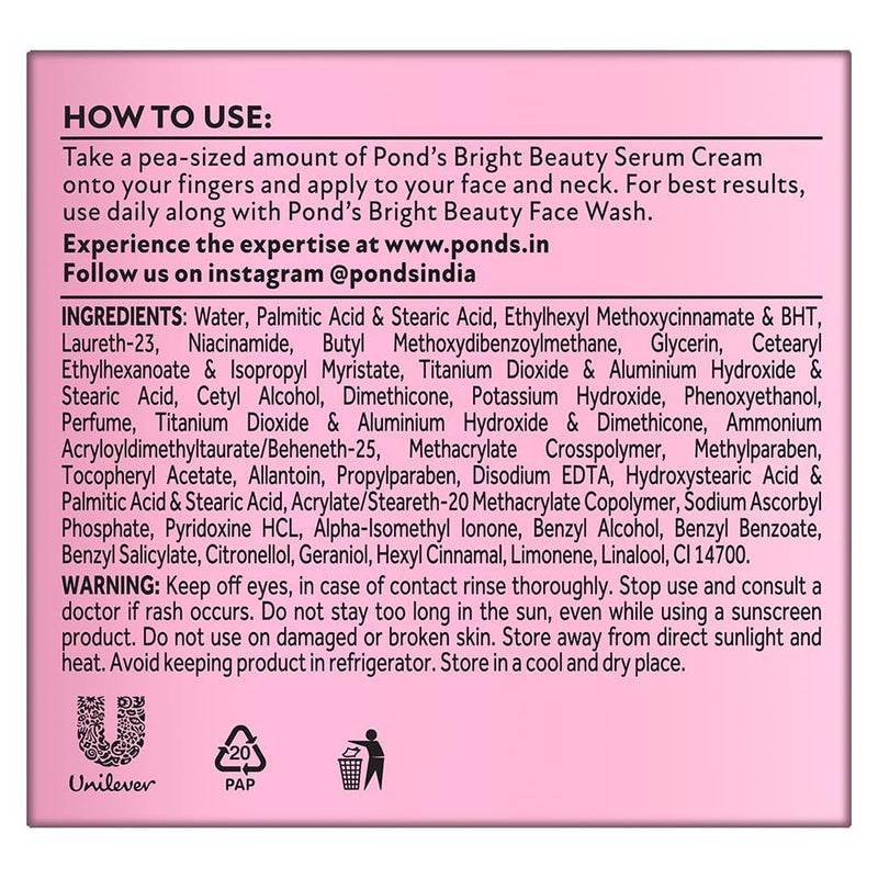 Pond's Bright Beauty Light Cream with UV Filter | Niasorcinol | 100x Better than Vitamin C | Niacinamide | Fades Dark Spots, Brightens Skin, 50g