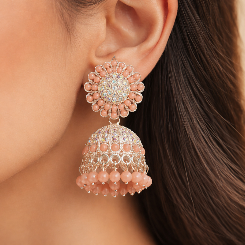Beautiful Peach Beaded Anti-Tarnish Traditional Jhumka Tikka Set✨