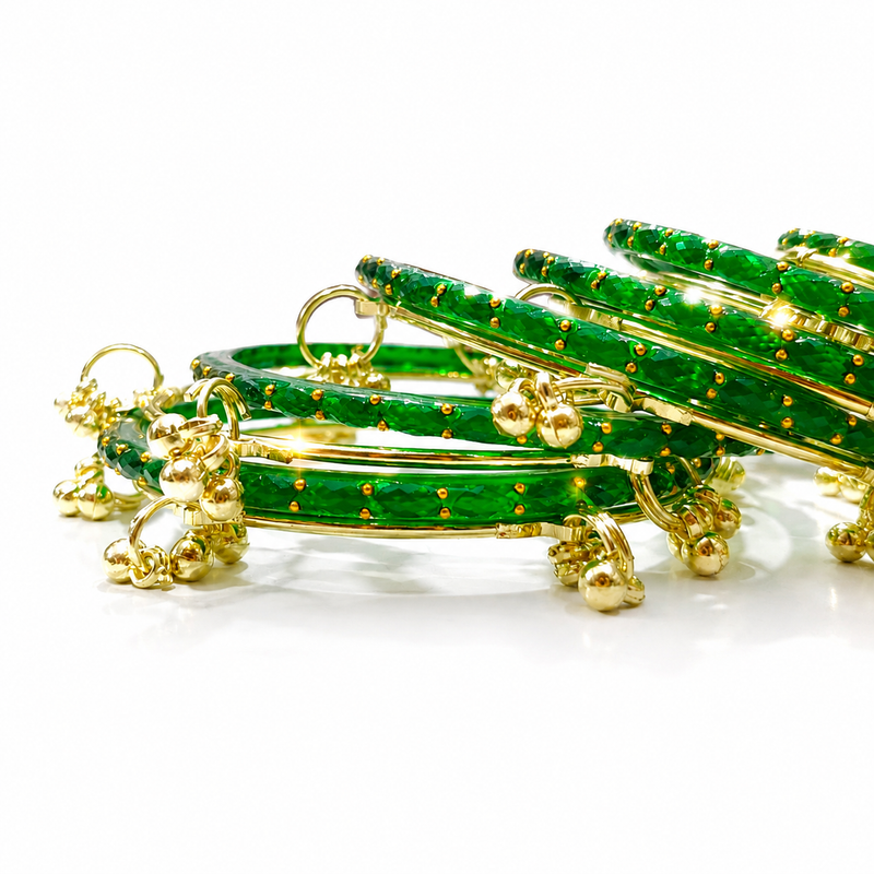 Sawan Special Green Raindrops Bangles with Kashmiri Golden Bangles – Set of 20 Pcs