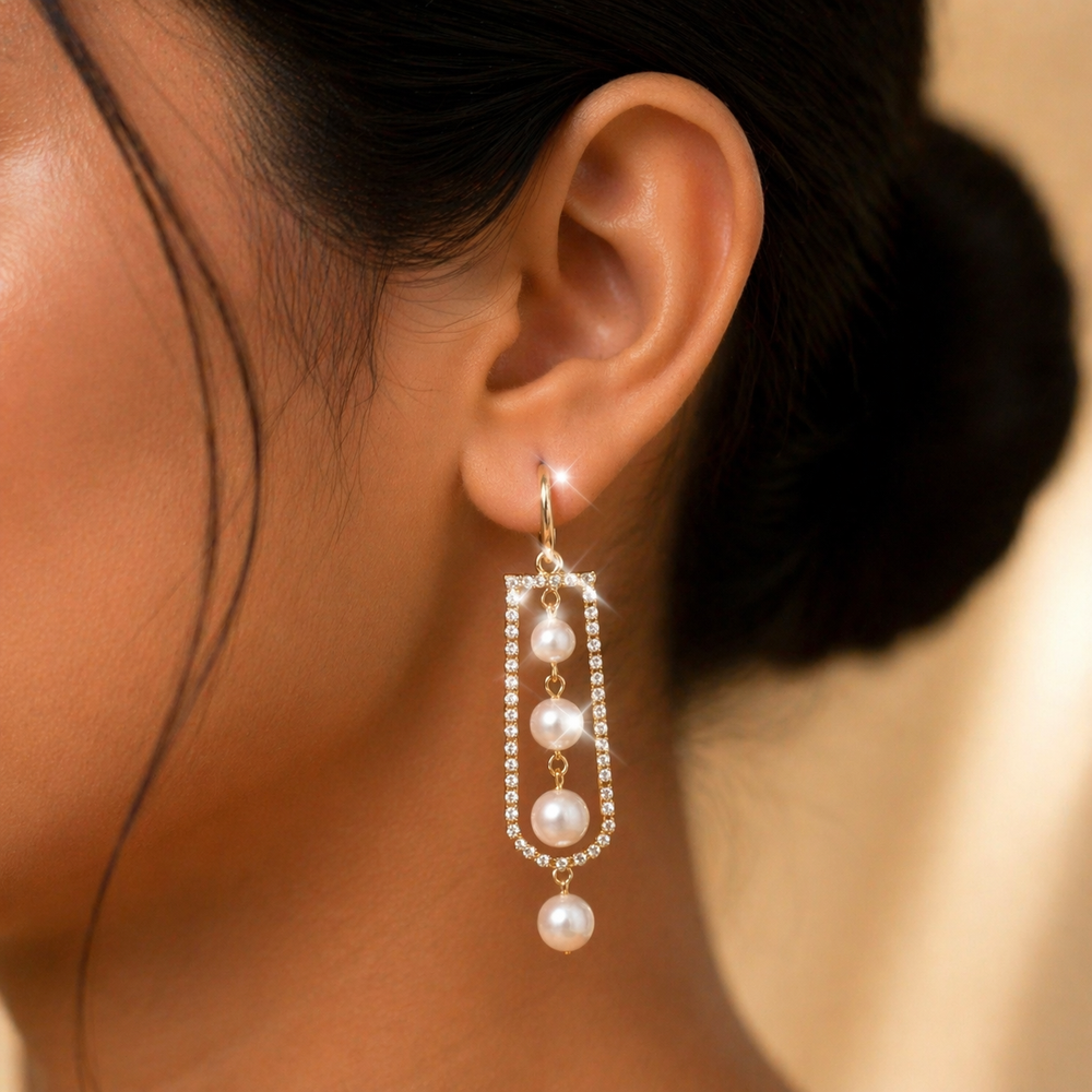 Luxury Pearl Dangle Earrings with Crystal Frame✨