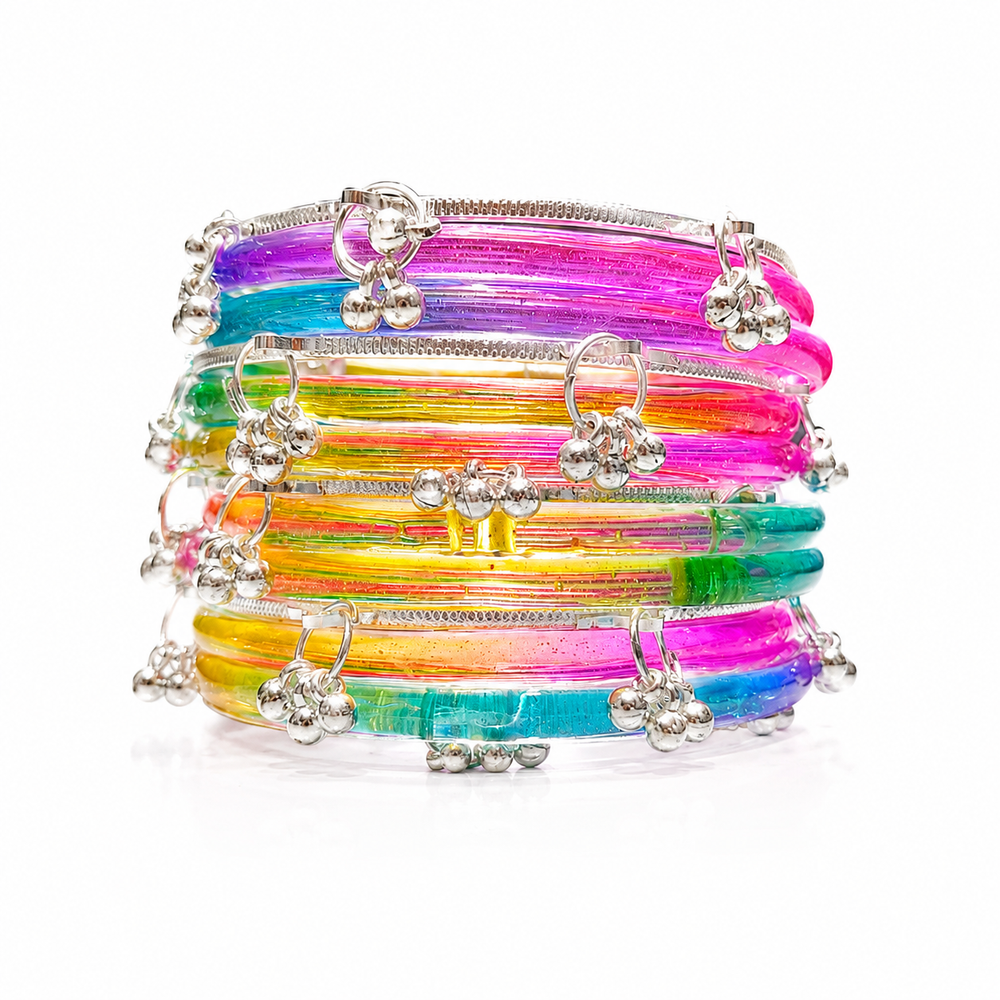 New Trending Multicolor Jelly Bangles with Kashmiri Silver Bangles Set of 8