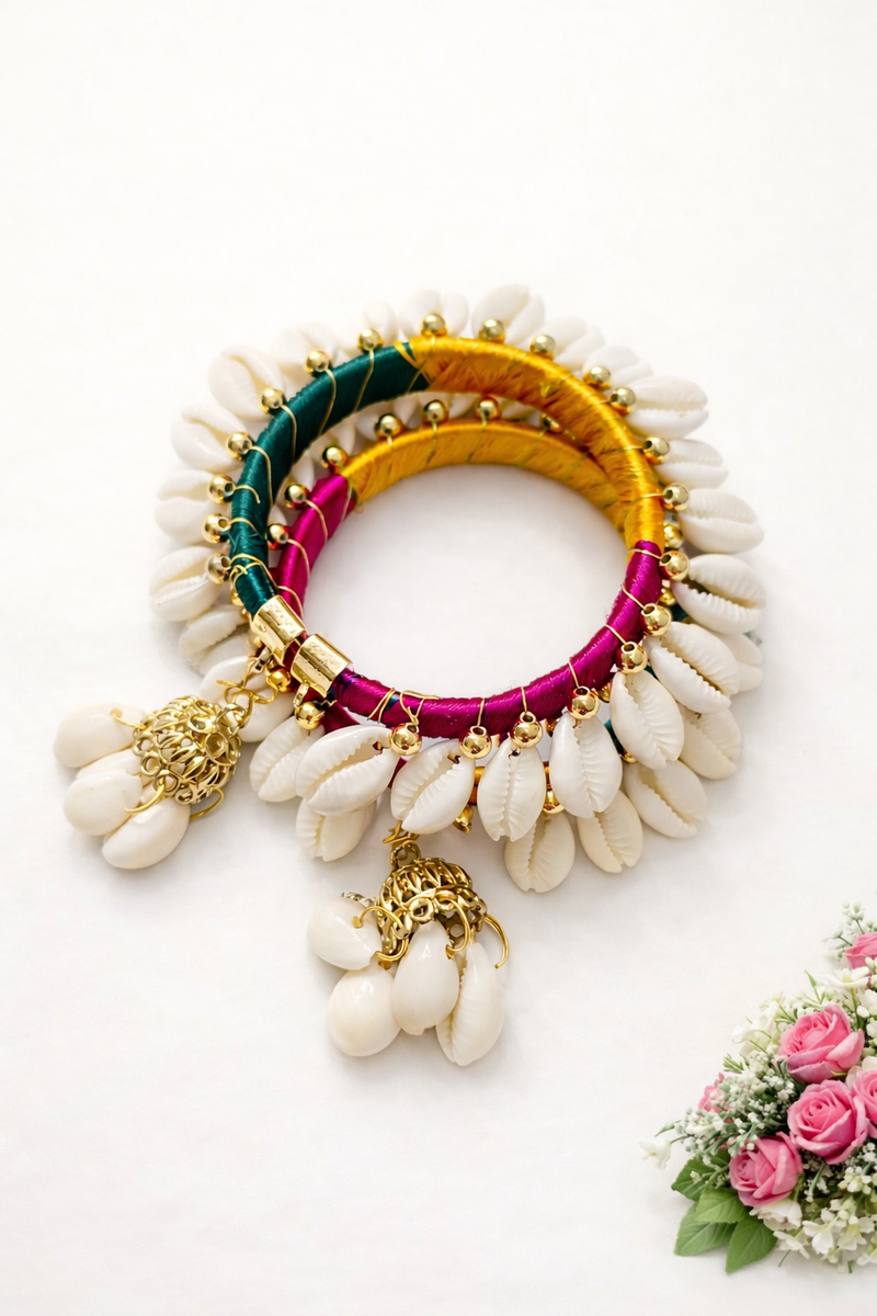 Traditional Cowrie Shell Bangles with Jhumka Charms – Multicolour Silk Thread | Free Size