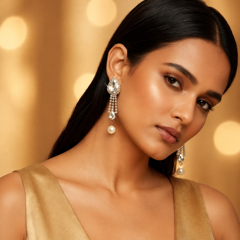 Luxury Anti-tarnish Sparkling Crystal & Pearl Tassel Earrings
