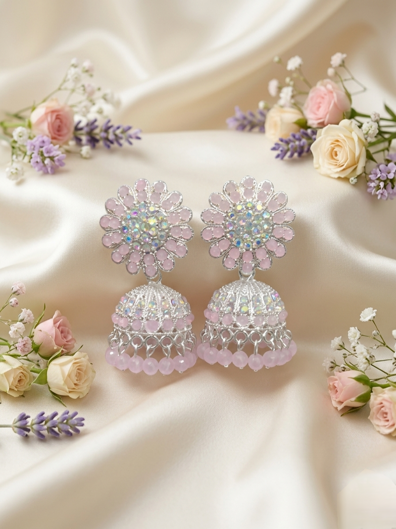 Baby Pink Crystal Anti-Tarnish Ethnic Jhumka Combo with Maang Tikka set✨