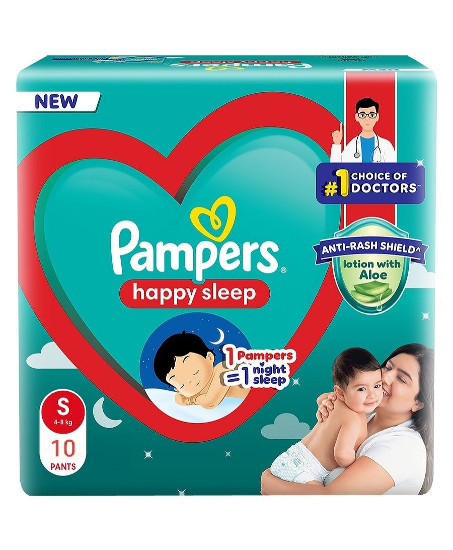 Pampers Happy Sleep Pant Style Baby Diapers, Large (S),10 Count, 1 Pampers = 1 Night Sleep, with Anti Rash Shield, 4-8 Kg Diapers