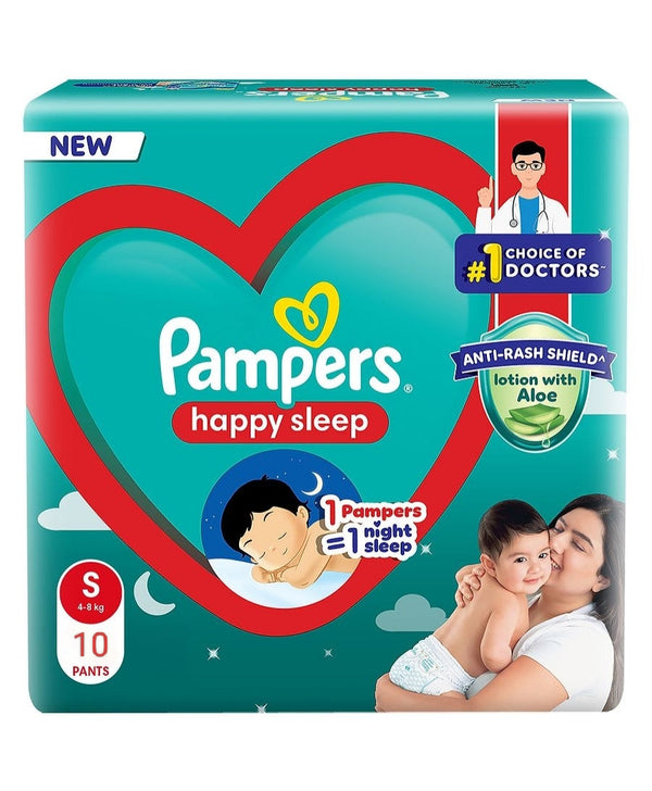 Pampers Happy Sleep Pant Style Baby Diapers, Large (S),10 Count, 1 Pampers = 1 Night Sleep, with Anti Rash Shield, 4-8 Kg Diapers