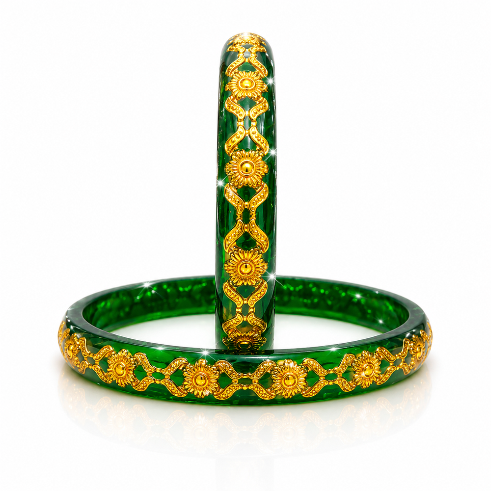 Green Traditional Designer Bangles for Women | Gold Design | Pack of 2