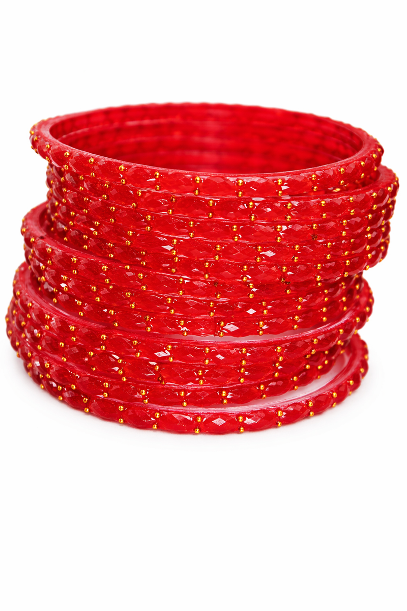 Luxury Red Crystal Glass Bangles Set of 12 with Shiny Finish