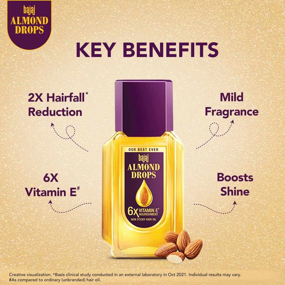 Bajaj Almond Drops Hair Oil, 475ml, Light & Non-Sticky with 6X Vitamin E for 2X Hair fall Reduction| FREE Godrej No.1 100g Soap worth ₹40/-*