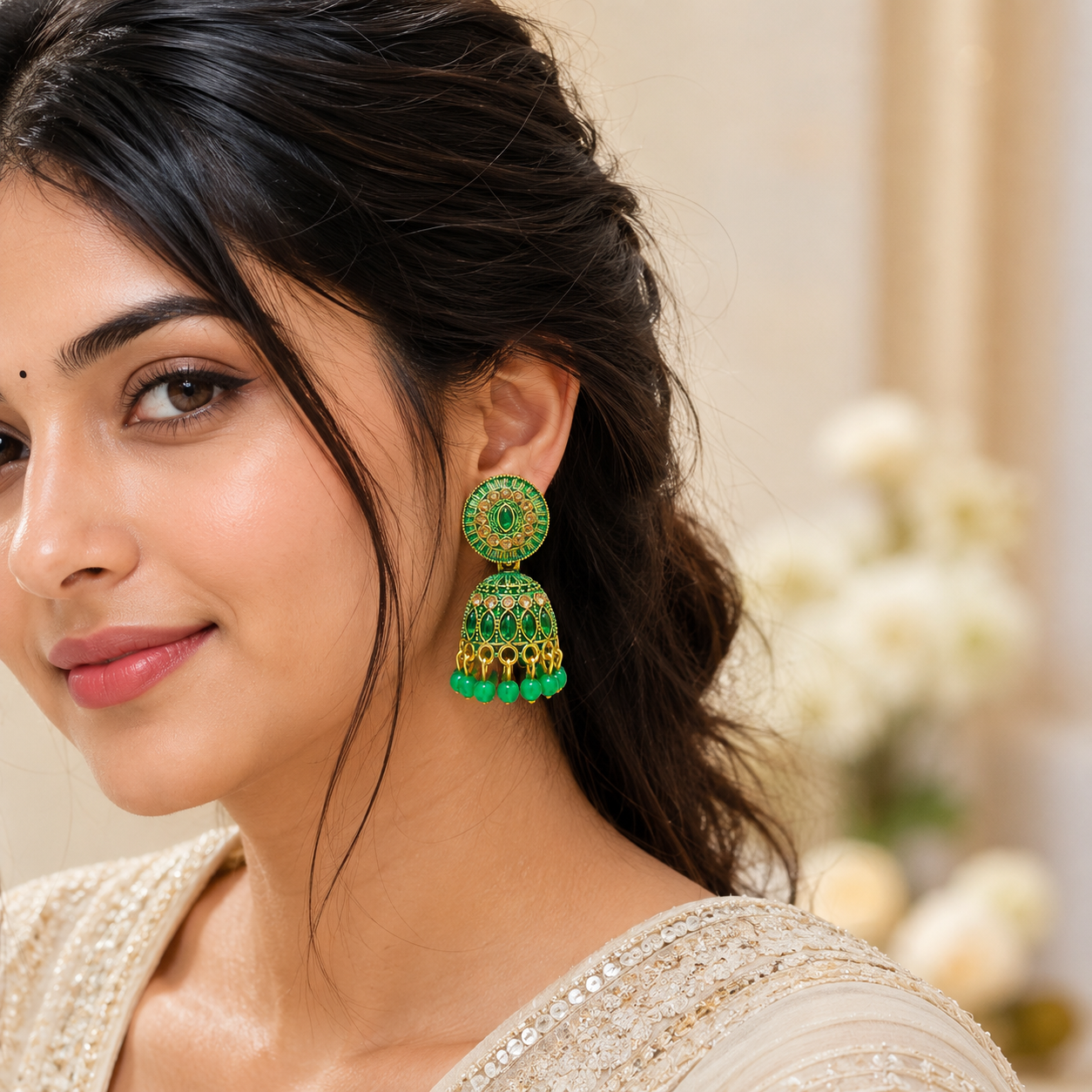Anti Tarnish Green Designer Jhumki Earrings✨