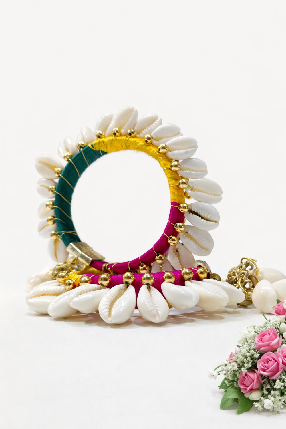 Traditional Cowrie Shell Bangles with Jhumka Charms – Multicolour Silk Thread | Free Size