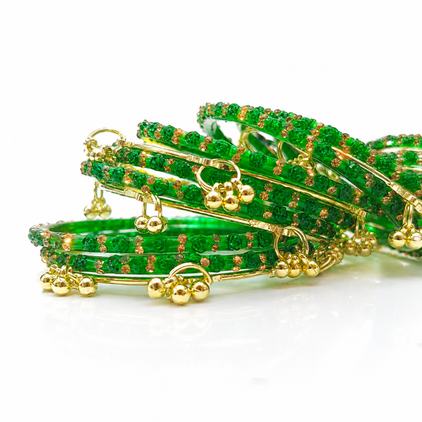 Green Rose Design Glass Bangles with Kashmiri Golden – Festive Collection|set of 20 Pcs