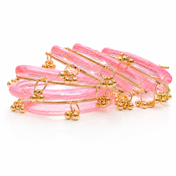 New Trending Pink Jelly Bangles Set with Golden Ghungroo Charms for Women & Girls (set of 8 pcs)
