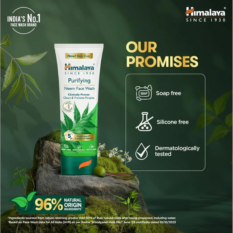 Himalaya Purifying Neem Face Wash|Clears and Prevents Pimples & Acne|Made with 5 parts of Neem|New & Best Ever clinically Proven formula|Gently Cleanses|For men and women|100 ml
