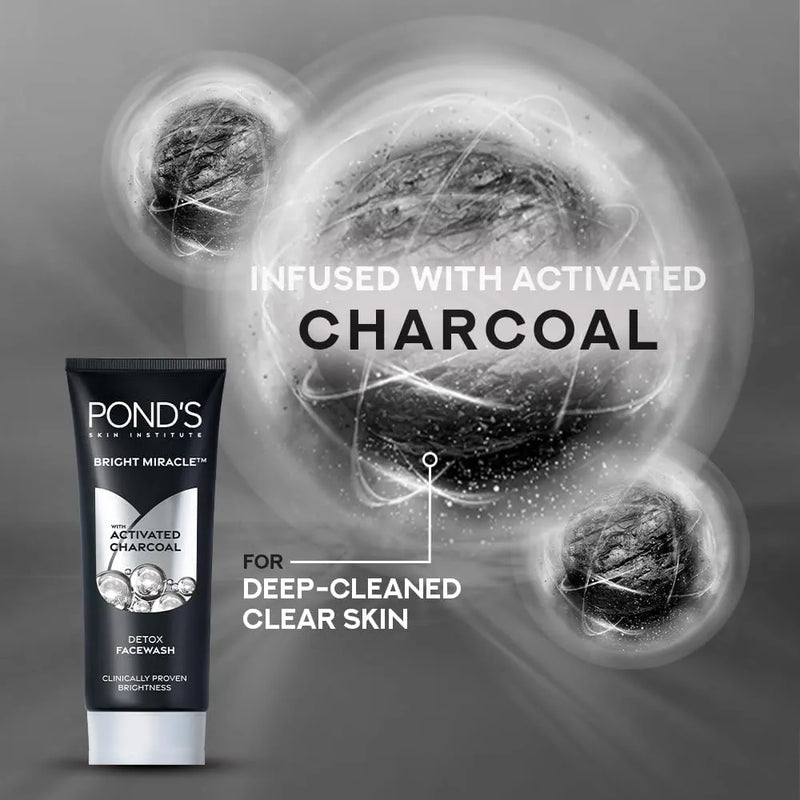 Ponds Bright Miracle Detox Facewash | 10X Power of Activated Charcoal| For Deep Cleaned Skin | Reveals Glow, Pollution Clear Face Wash, 100gm
