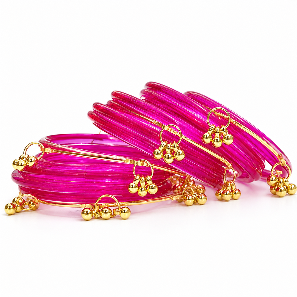 Trendy Jelly Glass Bangles Set with Kashmiri Golden Ghungroo – Set of 24Pcs