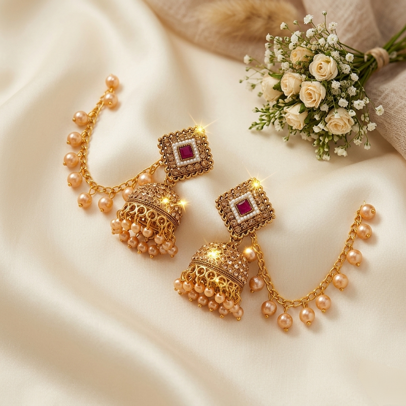 Anti Tarnish crystal Gold Jhumka Earrings with Pearl Chain