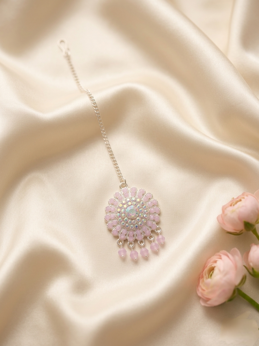Baby Pink Crystal Anti-Tarnish Ethnic Jhumka Combo with Maang Tikka set✨