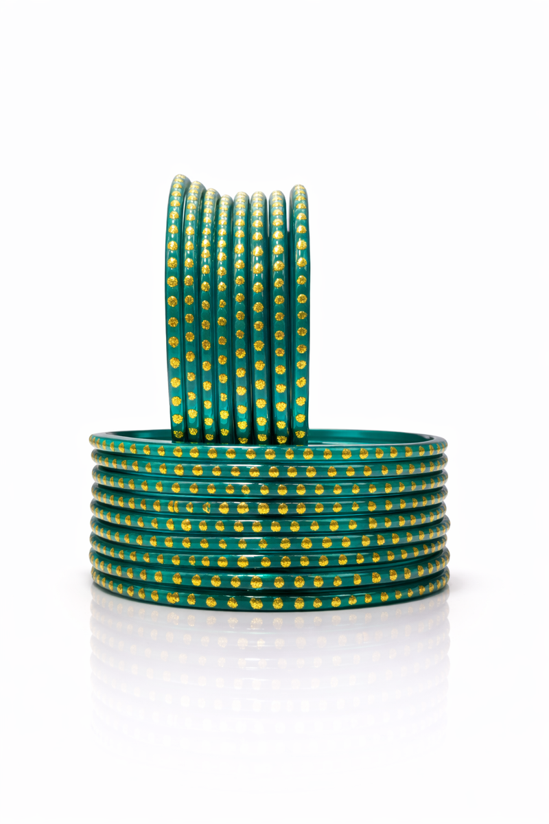 Radium Colour Glass Bangles with Gold Dot Work (set of 24)