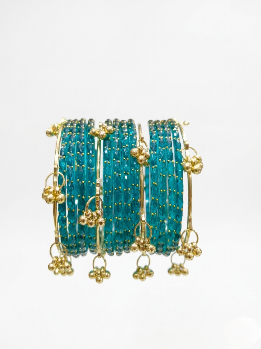 Luxury Teal Green Kashmiri Bangles Set with Gold Ghungroo Charms✨