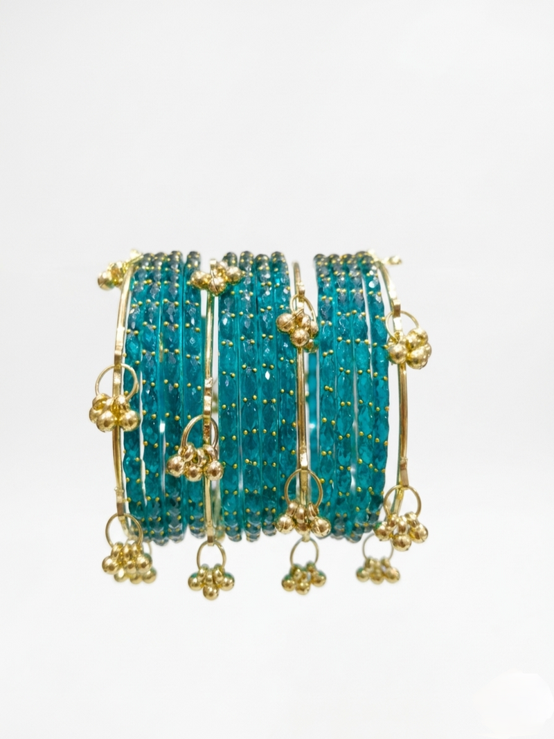 Luxury Teal Green Kashmiri Bangles Set with Gold Ghungroo Charms✨