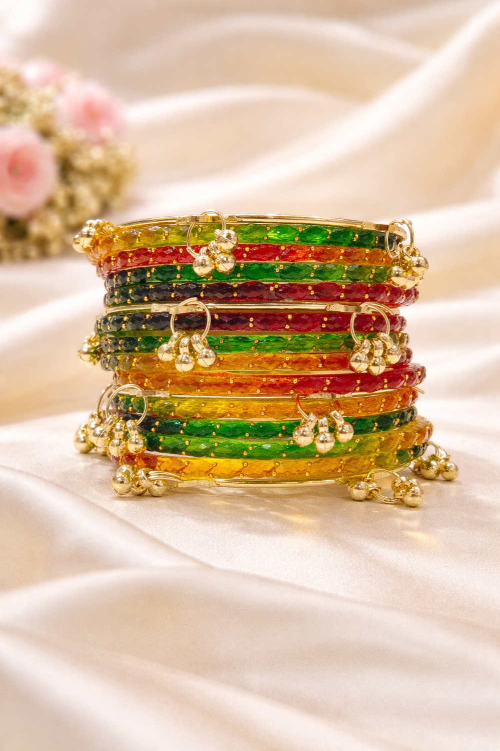 Kashmir Multi-Colour Traditional Bangles Set with Golden Ghungroo Charms for girls & women
