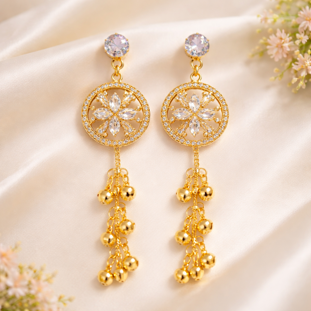 Traditional Kashmiri Style Long Earrings with Crystal Detailing