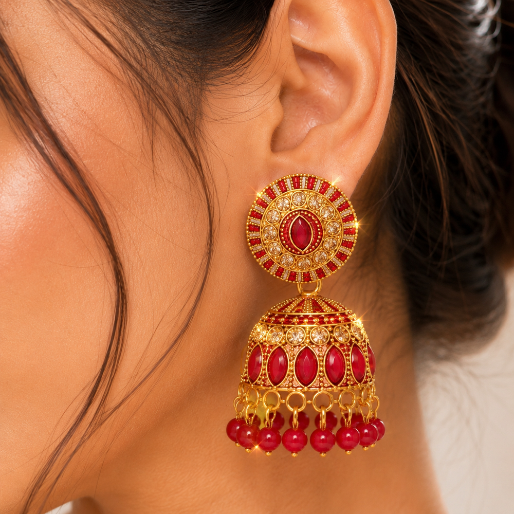 Anti Tarnish Red Designer Jhumki Earrings✨