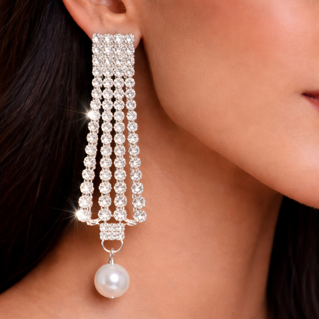 Anti-Tarnish Crystal Tassel Earrings with Pearl Drop – Long Luxury Design