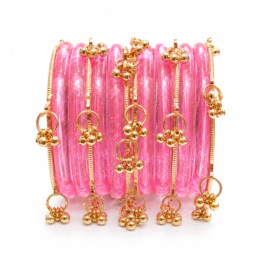 New Trending Pink Jelly Bangles Set with Golden Ghungroo Charms for Women & Girls (set of 8 pcs)