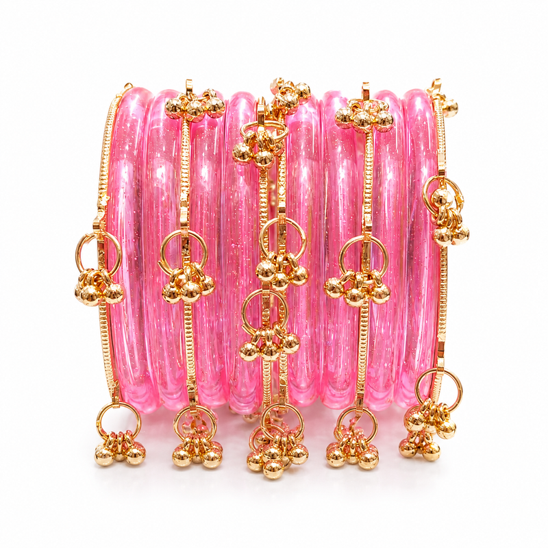 New Trending Pink Jelly Bangles Set with Golden Ghungroo Charms for Women & Girls (set of 8 pcs)