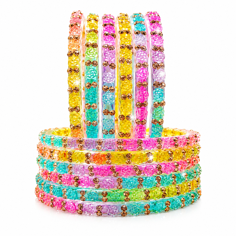 New Multi Colour Rose Design Bangles for Women and girls| (Set of 12)