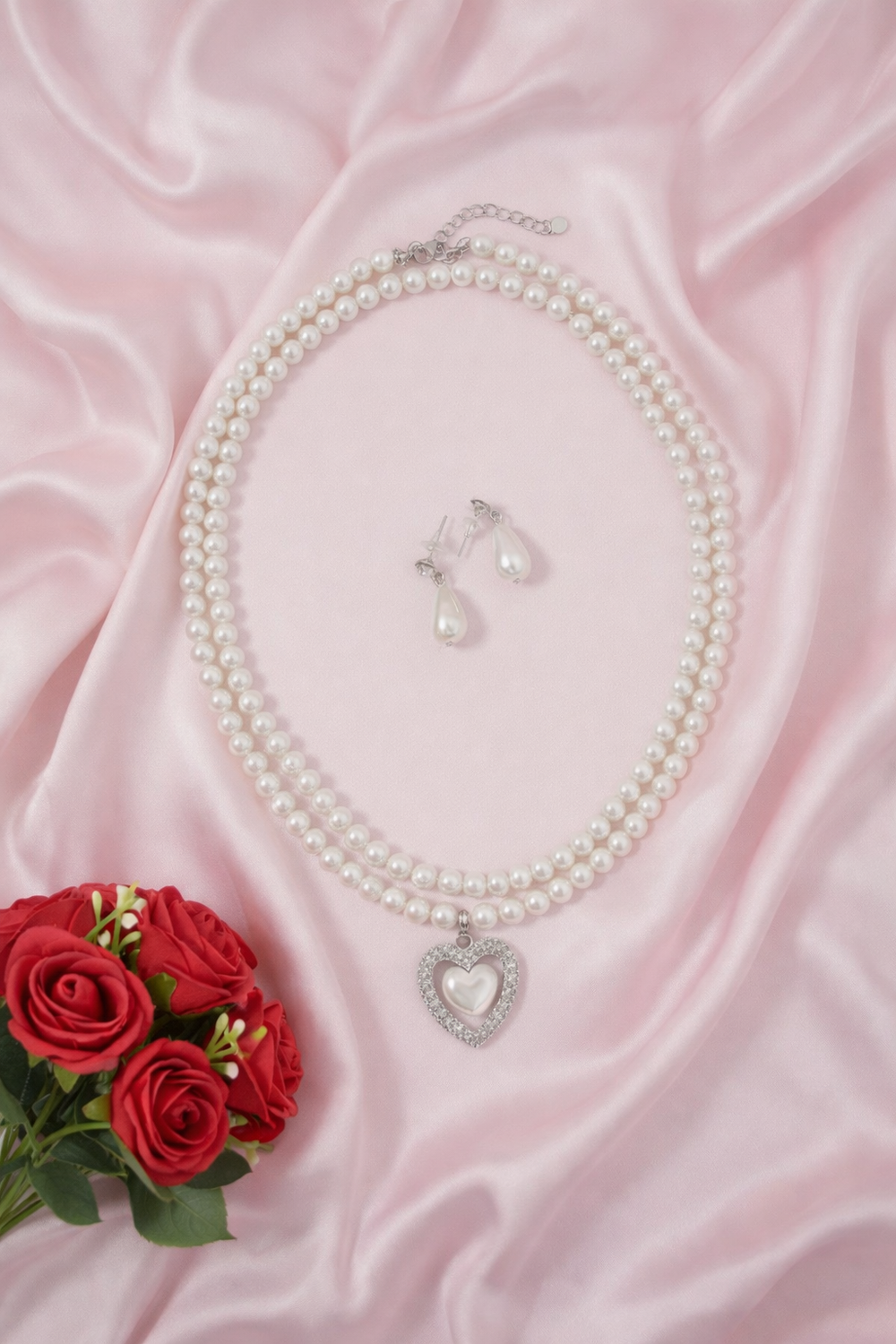 Royal Pearl Double-Strand Necklace Set with Heart-Shaped Crystal Pendant – Premium quality