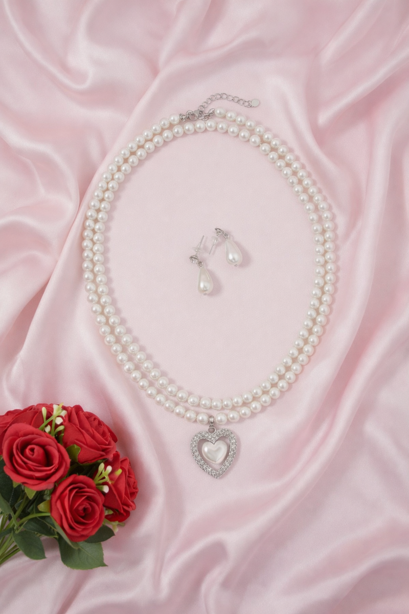 Royal Pearl Double-Strand Necklace Set with Heart-Shaped Crystal Pendant – Premium quality