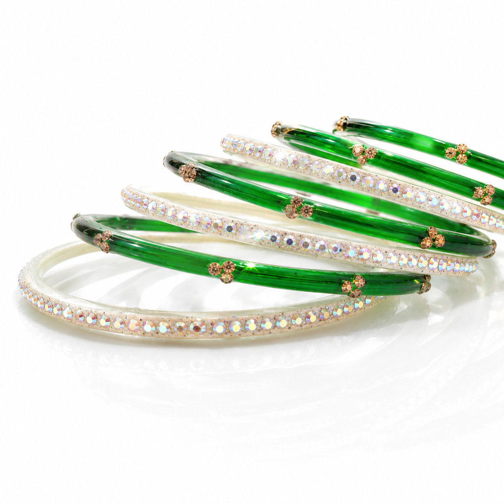 Anti Tarnish Sawan special Green Glass Bangles silver plated | set of 18 Pcs