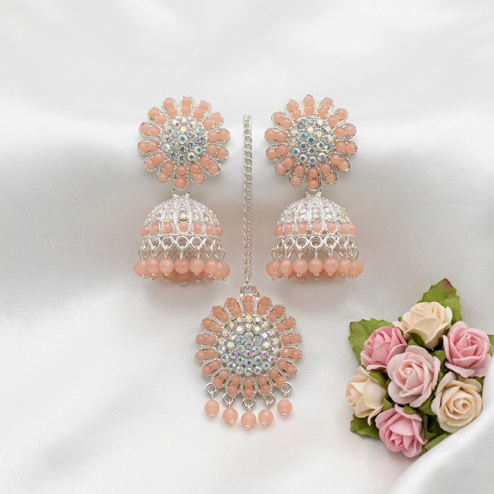 Beautiful Peach Beaded Anti-Tarnish Traditional Jhumka Tikka Set✨
