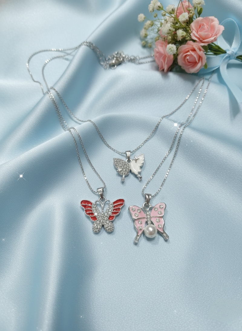 Cute Butterfly Necklace Set for Girls & Women Anti-Tarnish Silver (Pack of 3)