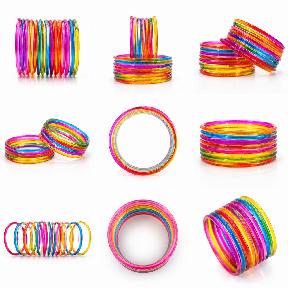 Rainbow multi Jelly Bangles Set of 24 – Glossy Transparent Colorful Stack