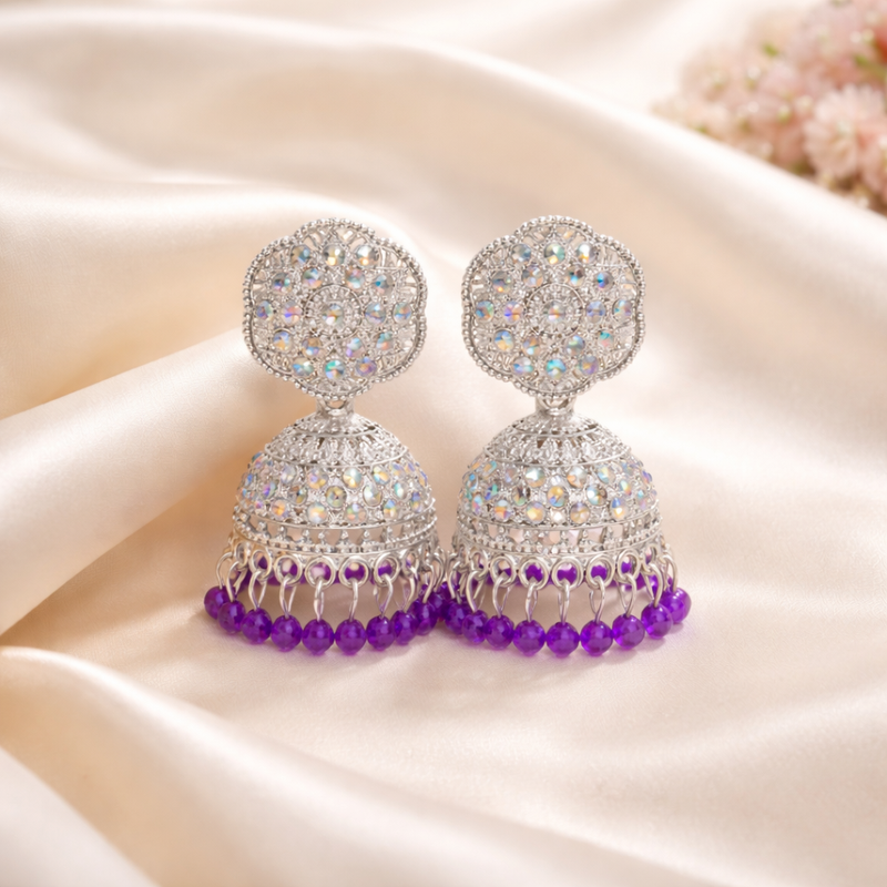 Luxury Anti-Tarnish Silver Jhumka with Purple Drop✨