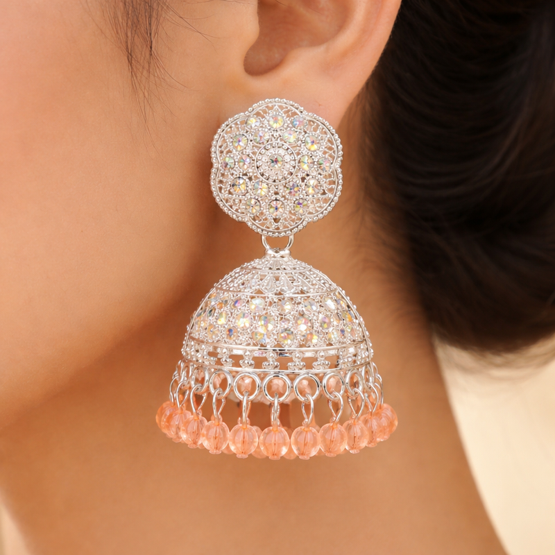 Luxury Anti-Tarnish Silver Jhumka with Peach Drop Accents ✨