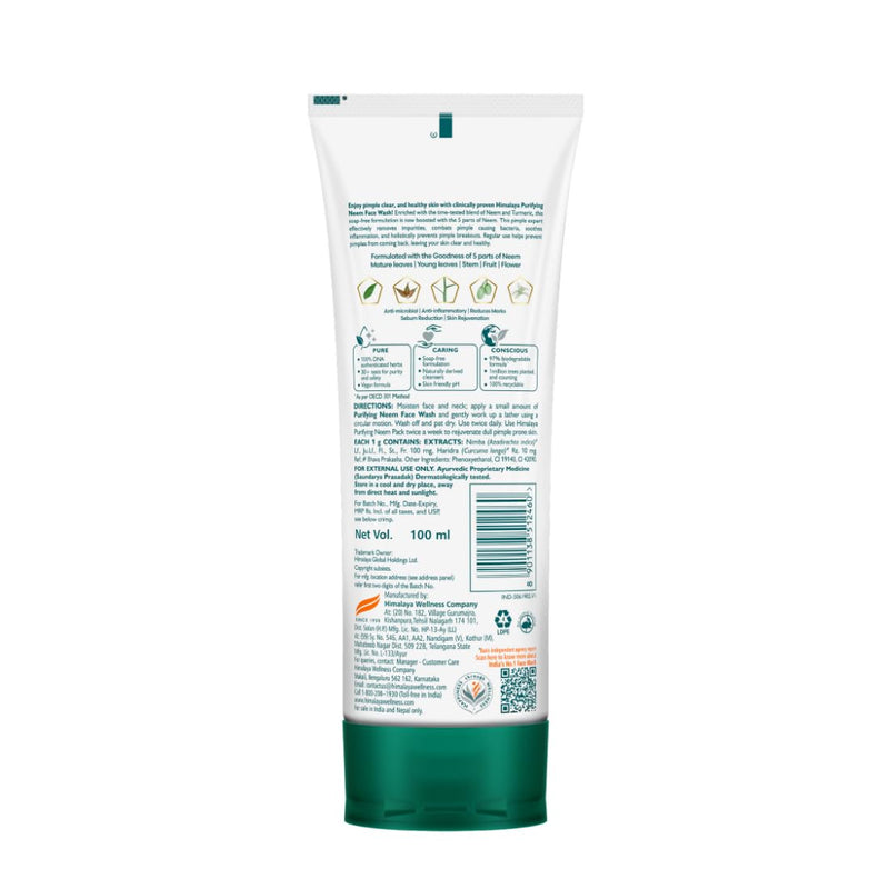 Himalaya Purifying Neem Face Wash|Clears and Prevents Pimples & Acne|Made with 5 parts of Neem|New & Best Ever clinically Proven formula|Gently Cleanses|For men and women|100 ml