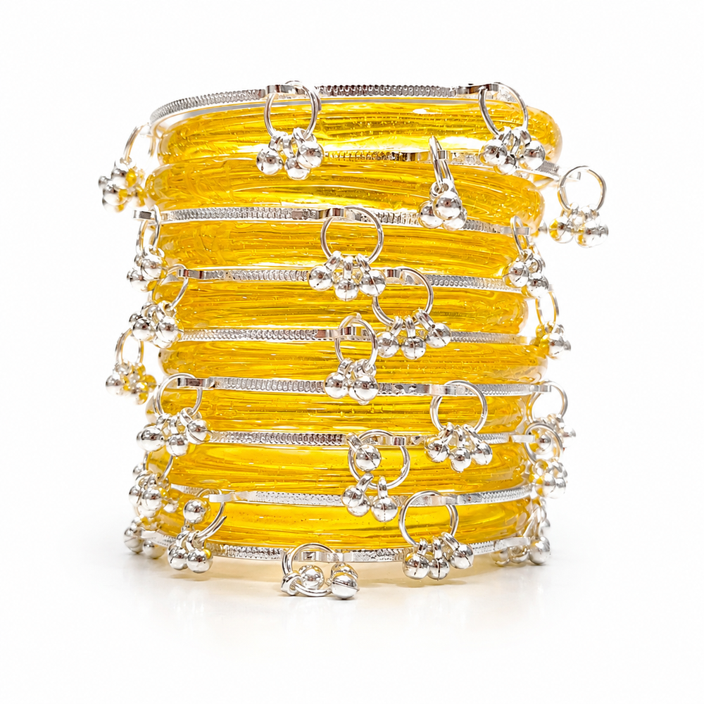 New Trending Yellow Jelly Bangles Set with Silver Ghungroo Set of 8 Pcs