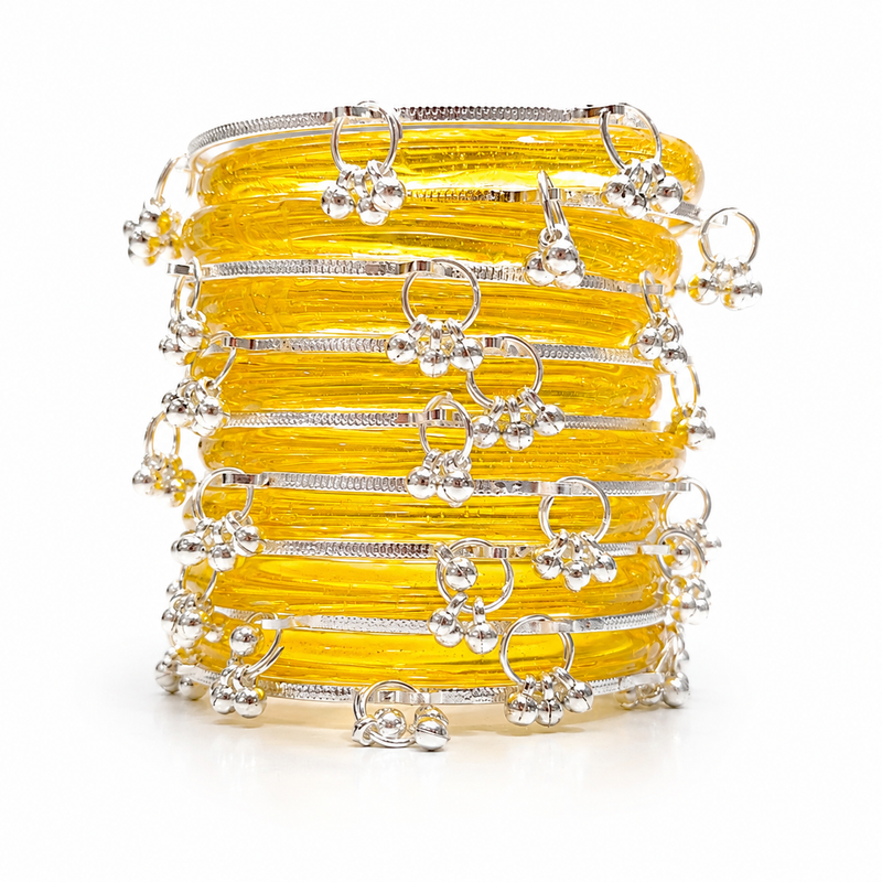 New Trending Yellow Jelly Bangles Set with Silver Ghungroo Set of 8 Pcs