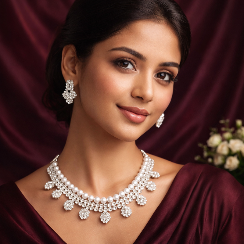 Luxury Pearl & Crystal Necklace Set with Matching Earrings – Party Wear