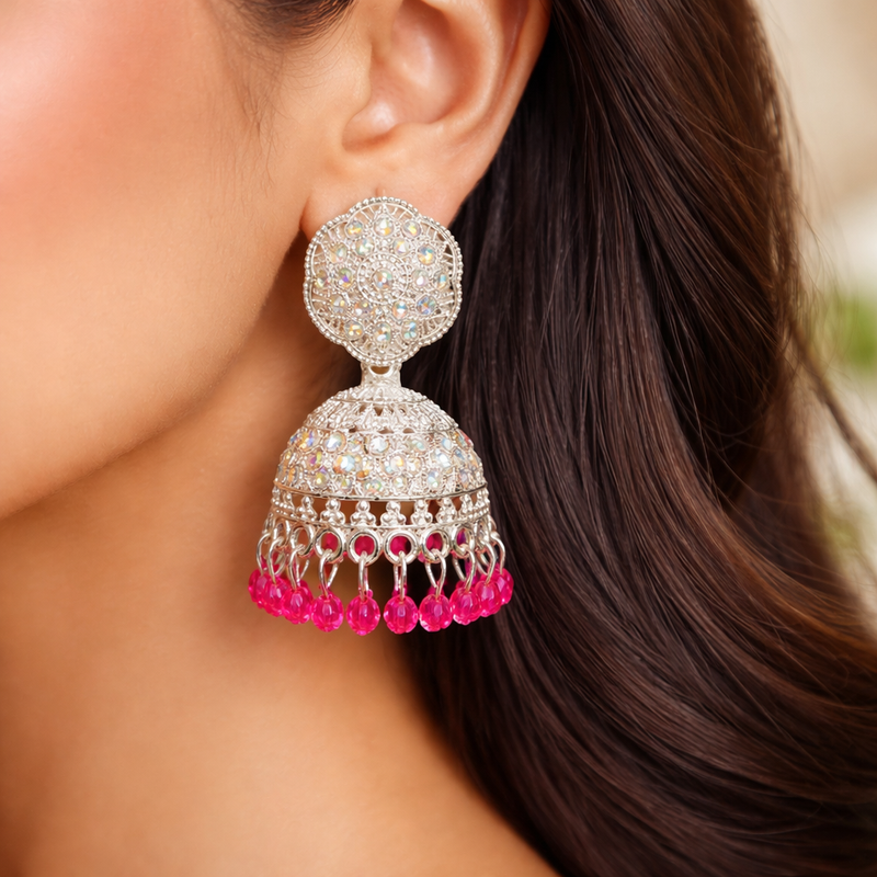 Anti-Tarnish Jhumka Earrings with Sparkling Stones & Pink Beads✨