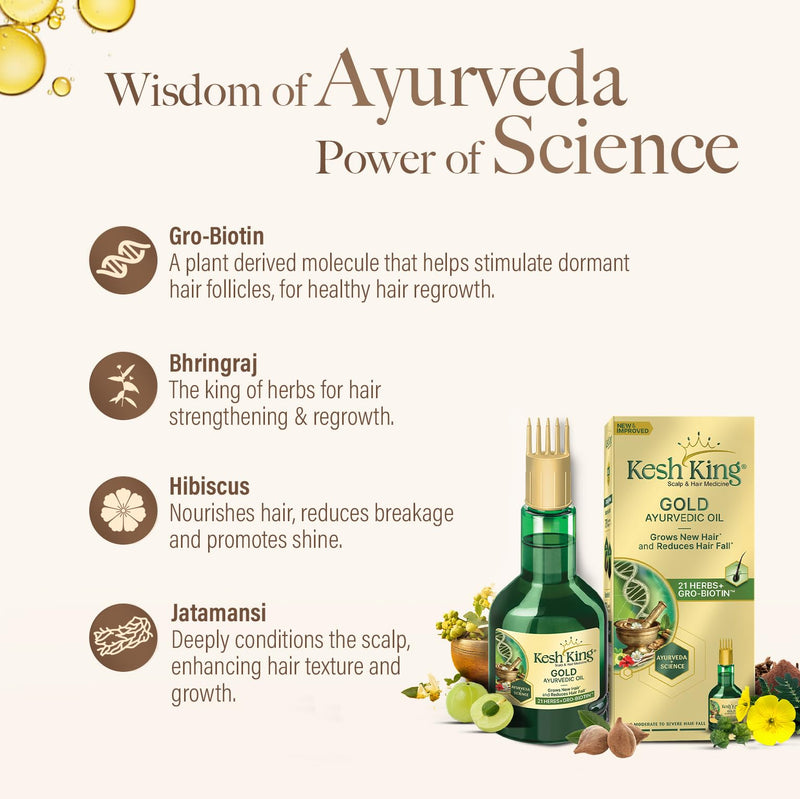 Kesh King Gold Ayurvedic Hair Oil with 21 Herbs and Gro-Biotin, Helps Grow New Hair and Reduce Hair Fall, Comes with a Hairfall Reduction Tracker, 100ml