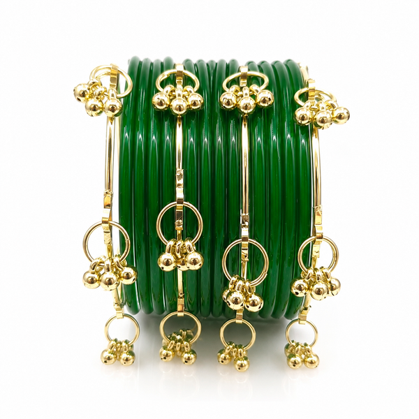 Sawan Special Green Glass Bangles with Kashmiri Ghungroo Bangles – Set of 32 Pcs